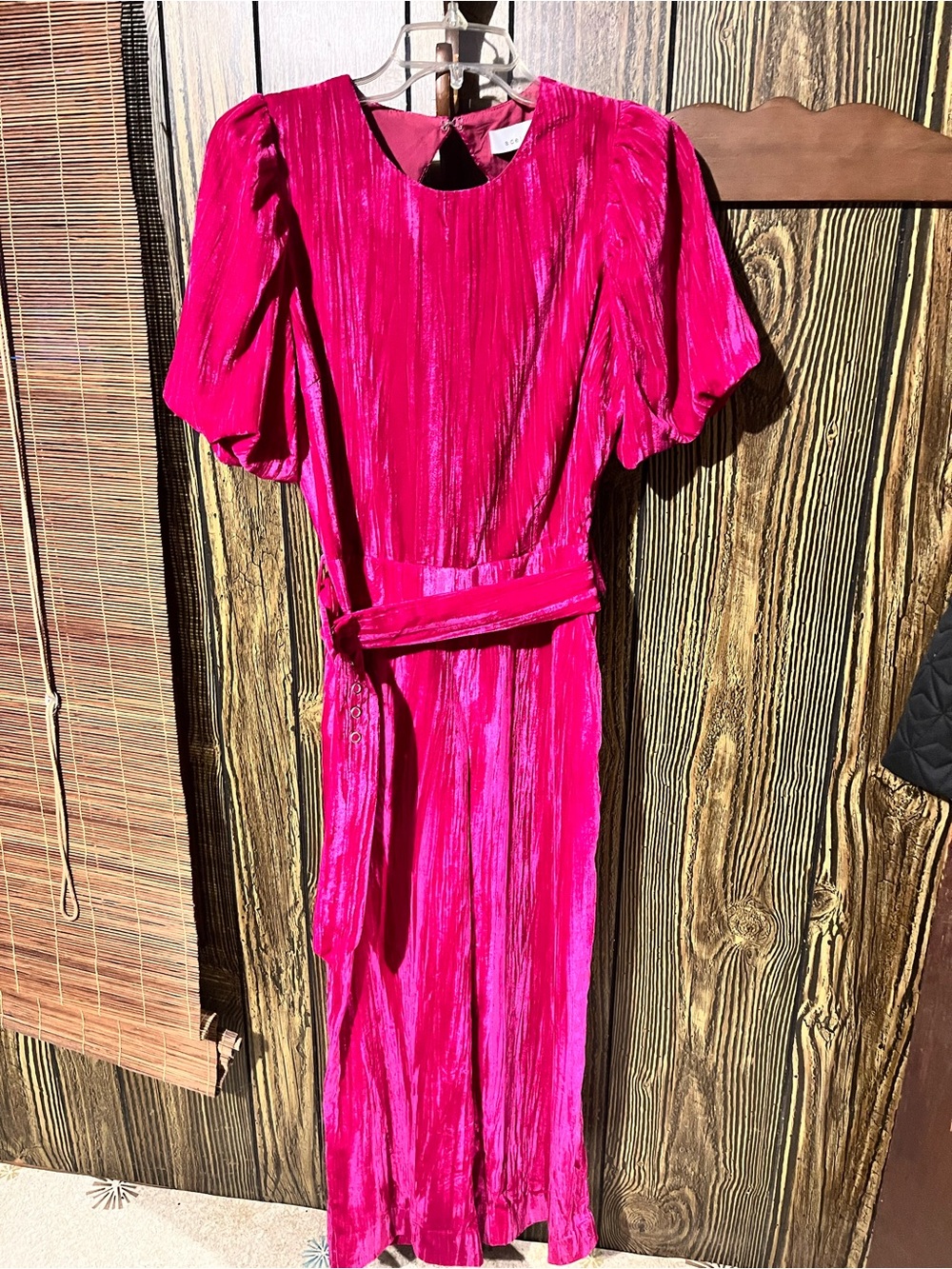 Women's Hot Pink Textured Velvet Midi Romper with Belt